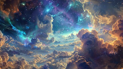 The image is a beautiful depiction of a starry night sky. The clouds are soft and fluffy, and the stars are bright and numerous.