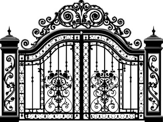 Obraz premium Palace wrought iron gates in SVG vector format. Ornate Black Metal Gate with Intricate Floral Patterns Design
