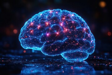 Futuristic Digital Brain Illustration with Neon Wireframe Design and Radiant Effect