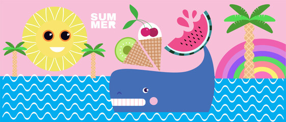 Summer concept design abstract background Set funky icons Vector cute flat illustration