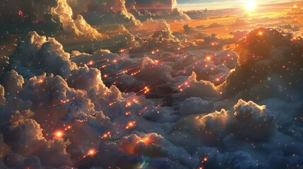 Amazing beautiful sunset above the clouds with a lot of glowing particles and stardust in the sky.