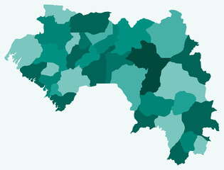 Map of Guinea with regions. Just a simple country border map with region division in a teal color palette. Flat Guinea shape with administrative division. Vector illustration.