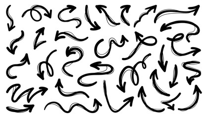 Hand drawn arrows with curvy lines. Scribble isolated wavy pointers. Set of doodle arrow icons. Collection of sketchy hand free curved lines and pointers