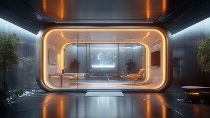 A concept visualization of a smart container house interior with curved LED panels, motion-sensitive walls, integrated hologram workspace, minimalist black and chrome design, glowing ambient lights,