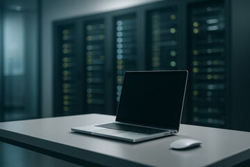 Clean tech workspace with blurred server racks and soft ambient light, horizontal view, professional and modern

