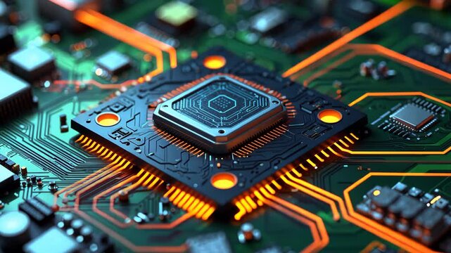 A detailed close-up of a computer circuit board showcasing a central processing unit encircled by numerous electronic components and complex wiring.