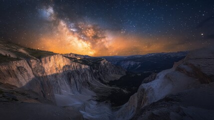 Obraz premium A night sky filled with stars over a quiet mountain valley.