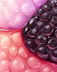 Vibrant close-up of colorful gelatinous bubbles in pink, purple, and black hues, showcasing their glossy texture and playful arrangement, ideal for creative backgrounds or abstract art