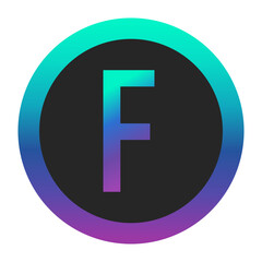 Stylish gradient letter F with a vibrant purple-to-green transition in a dark circle surrounded by a gradient border. Ideal for logos, branding, and innovative graphic applications.