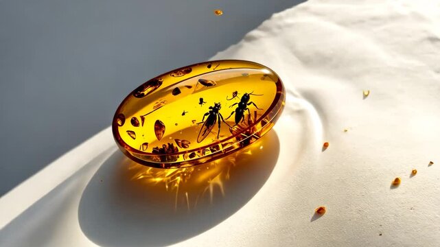 A transparent yellow oval piece of amber containing insects on a white background. Natural mineral for jewelry making. Inclusions in resin. Crystal