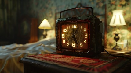 Retrofuturistic glowing clock on a vintage nightstand with a red patterned carpet.