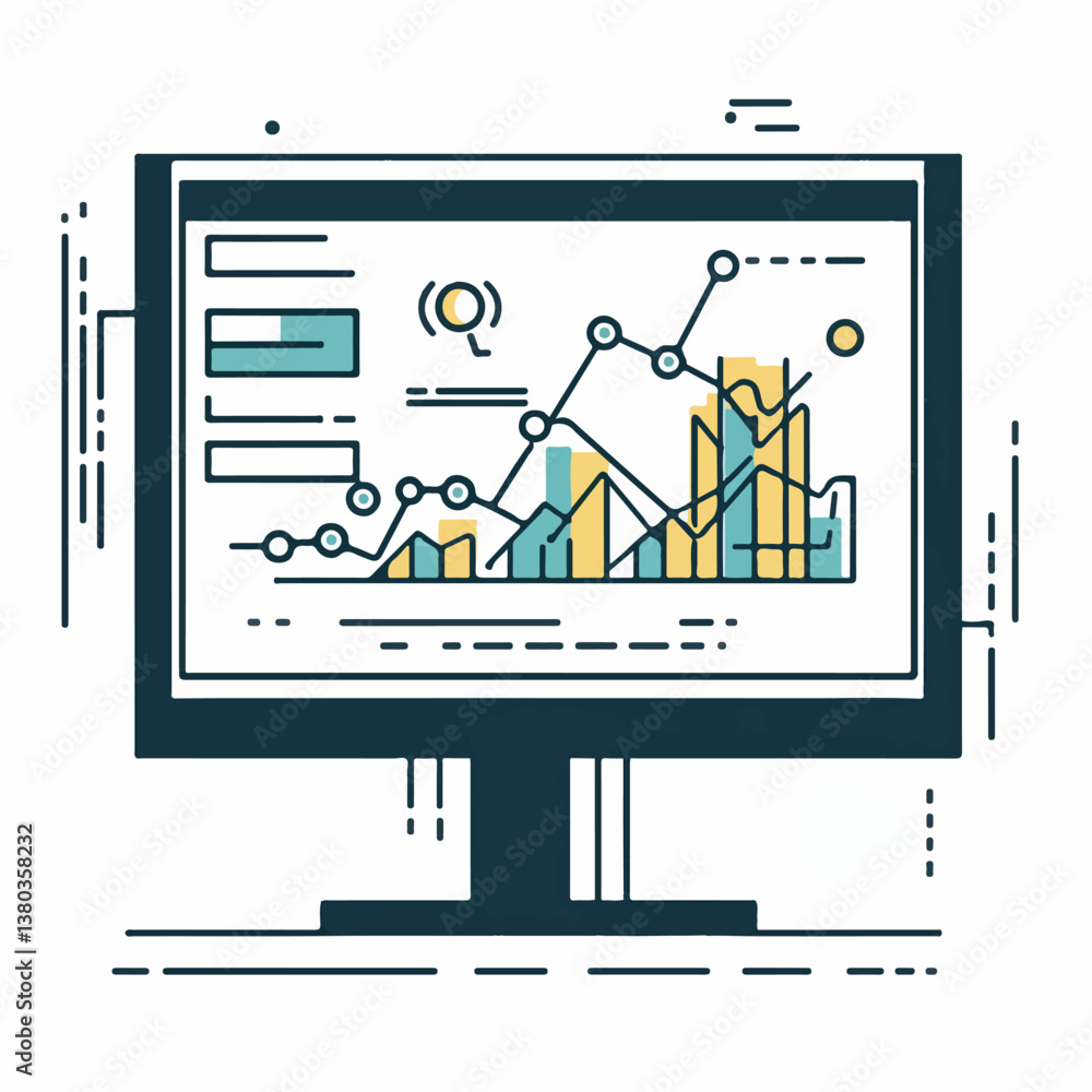 Poster computer screen displays financial charts data analysis progress