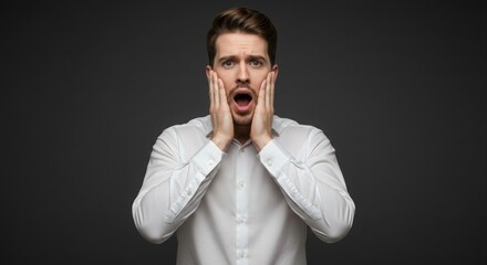 Fototapeta premium Shocked man in white shirt.
