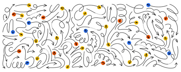 Obraz premium Hand drawn arrows with thin curvy lines. Scribble isolated wavy pointers. Set of doodle arrow icons. Collection of sketchy hand free curved lines and pointers