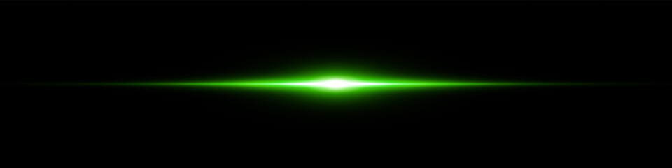 Bright horizontal beam of light on black background. Glowing laser effect creating futuristic and sci-fi aesthetics. Suitable for technology, energy, speed and digital design themes.