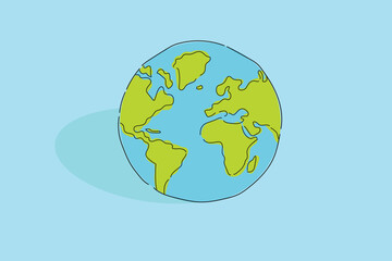 blue water and green continents earth globe with shadow hand drawn illustration isolated blue background,Artistic Globe, Planet Earth, Earth Sketch,Isolated Globe,Earth Drawing for earth day