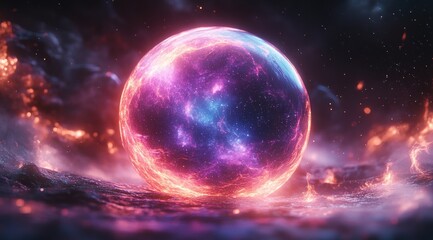 Glowing Particle Sphere in Space Minimalist Digital Art Abstract Illustration Background