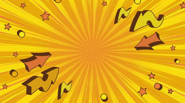 Vibrant yellow comic book background with radial lines, stars, and arrows