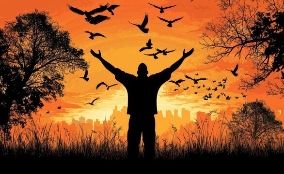 A healthy man stands in a meadow at sunset with his hands raised in praise and worship of God
