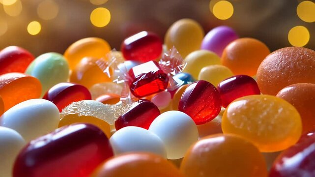 A solitary red candy, encased in plastic, is positioned among various other candies, shimmering with a spectrum of colors. The candy's form and surface are apparent through the see-through wrapper.