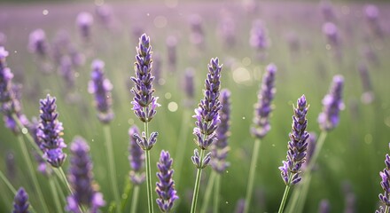 Obraz premium Close Up Purple Lavender Blossoms With Dewdrops, Soft Focus Background