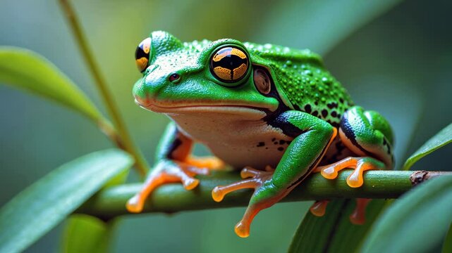 Dumpy frog resting on green leaves, dumpy frog perched on branch, tree frog sitting on branch, closeup of amphibian