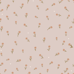 Hand drawn smal flowers and white dots. Vector illustrtaion with flowers for fabric, clothes, wrapping paper.