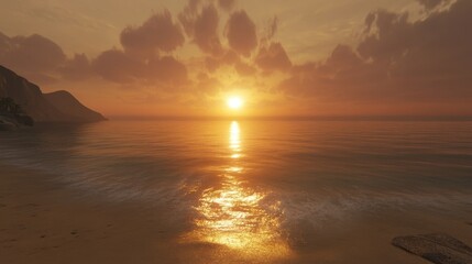 A stunning view of a beachside sunset, the sun dipping below the horizon as golden waves reflect its glow.