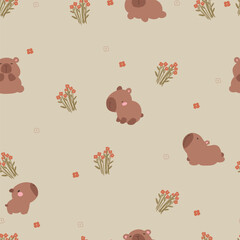 Hand drawn red flowers and capybara. Vector illustration with cute animals and flowers.
