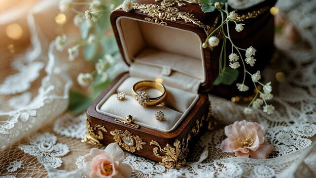 A wooden box adorned with floral decor for wedding rings is placed on a surface.