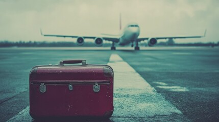 Obraz premium A travel-ready suitcase placed on a tarmac with an airplane in the distance.