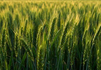 Fototapeta premium Close-up of Green Wheat Field at Sunset, Agricultural Landscape, Grain Crop, Farming Background.