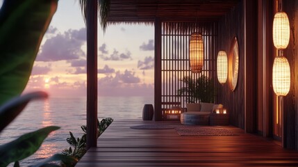 A tropical beach house with a wooden deck, overlooking a breathtaking ocean view.
