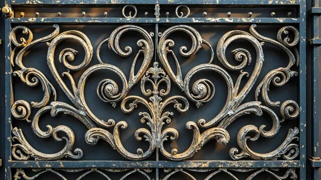 A close view of a beautifully crafted wrought iron gate showcasing detailed scrollwork and symmetrical designs. The aged dark metal surface displays signs of wear, with a gentle patina that