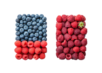 A vibrant image showcasing two rectangular arrangements of fresh blueberries and raspberries against a gray background transparent background Generative AI