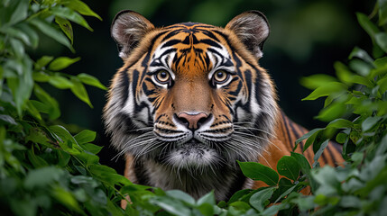 Fototapeta premium Tiger emerges from foliage looking directly at the viewer