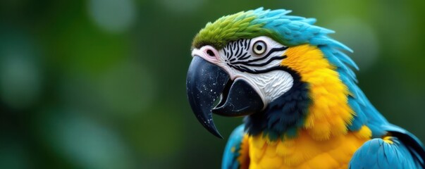 Fototapeta premium Close-up of blue and gold macaw head and beak, tropical, parrot, head