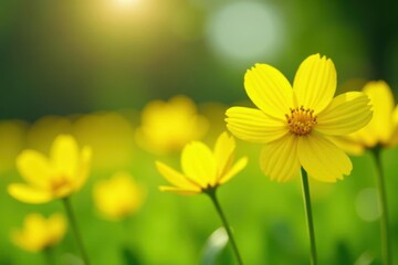 Obraz premium Close-up of bright yellow buttercups in a sunlit meadow Soft focus, spring background , wildflowers, vibrant