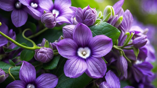 A close-up video of a cluster of flowers in full bloom. The flowers feature six petals and a white center. They are elegantly arranged on a vine with gentle green leaves.
