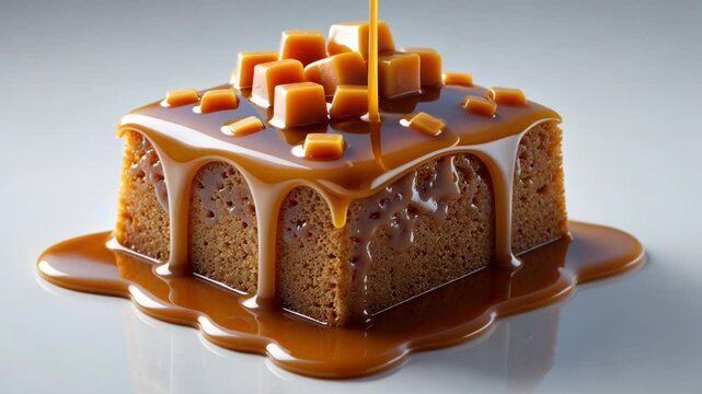 Easy Sticky Toffee Pudding is a scrumptiously gooey sponge dessert soaked in warm toffee sauce that is popular, isolated on a white background.