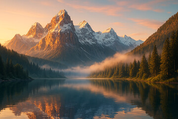Serene Landscape with Misty Lake and Majestic Mountains