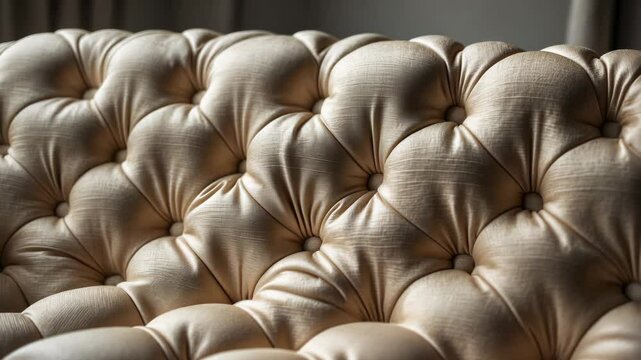 A piece of upholstered furniture featuring a classic pattern with buttons. Contemporary furniture fabric. Close-up videos, selective focus.