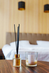 Relaxing aromatherapy setup in a cozy bedroom with a soft ambiance