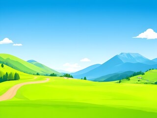 Naklejka premium A tranquil, vibrant green valley unfolds beneath a clear blue sky, showcasing rolling hills and distant mountains under a bright sun.
