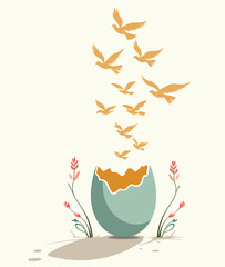 Minimalist Easter Sunday design featuring a broken eggshell transforming into flying doves, symbolizing rebirth and hope. Clean lines, soft pastels, and bold accents make it perfect for social media.