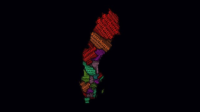 Sweden Intro Video. Regions Word Clouds Animation. Sweden regions names in Swedish language fading in on black background. Country building of territory names video. Vibrant animation.