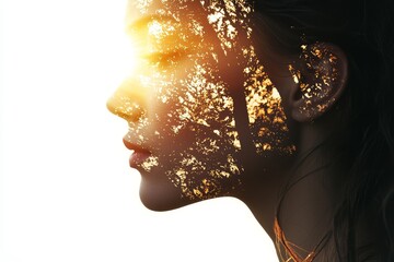 Fototapeta premium The image features a woman with a sunset and clouds behind her, representing the concepts of self-restraint and self-improvement