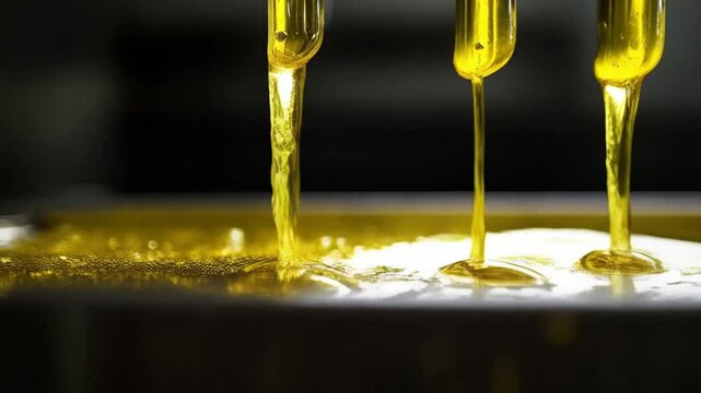 Close-up of golden olive oil slowly dripping from traditional cold-pressing machine