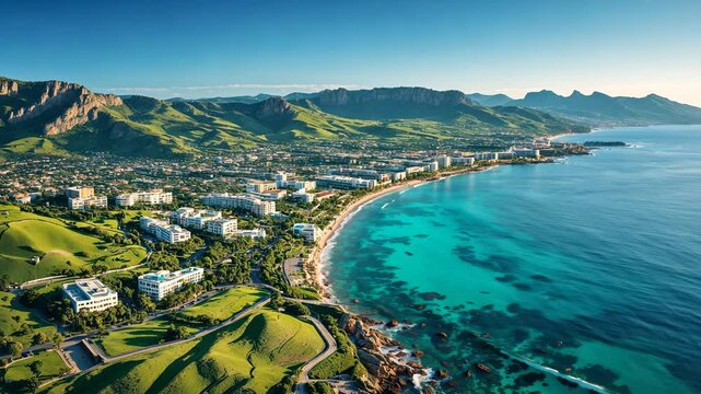 Aerial perspective of a seaside resort.