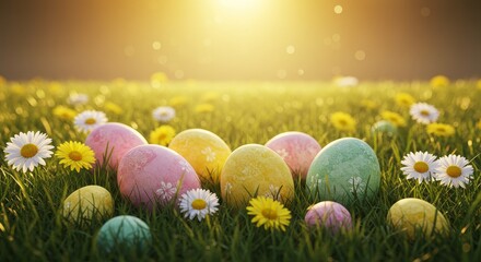 A whimsical Easter Bunny peeking out from behind a large painted egg, surrounded by lush green grass and small, colorful wildflowers. The scene is bathed in soft, golden-hour sunlight, with a distant 
